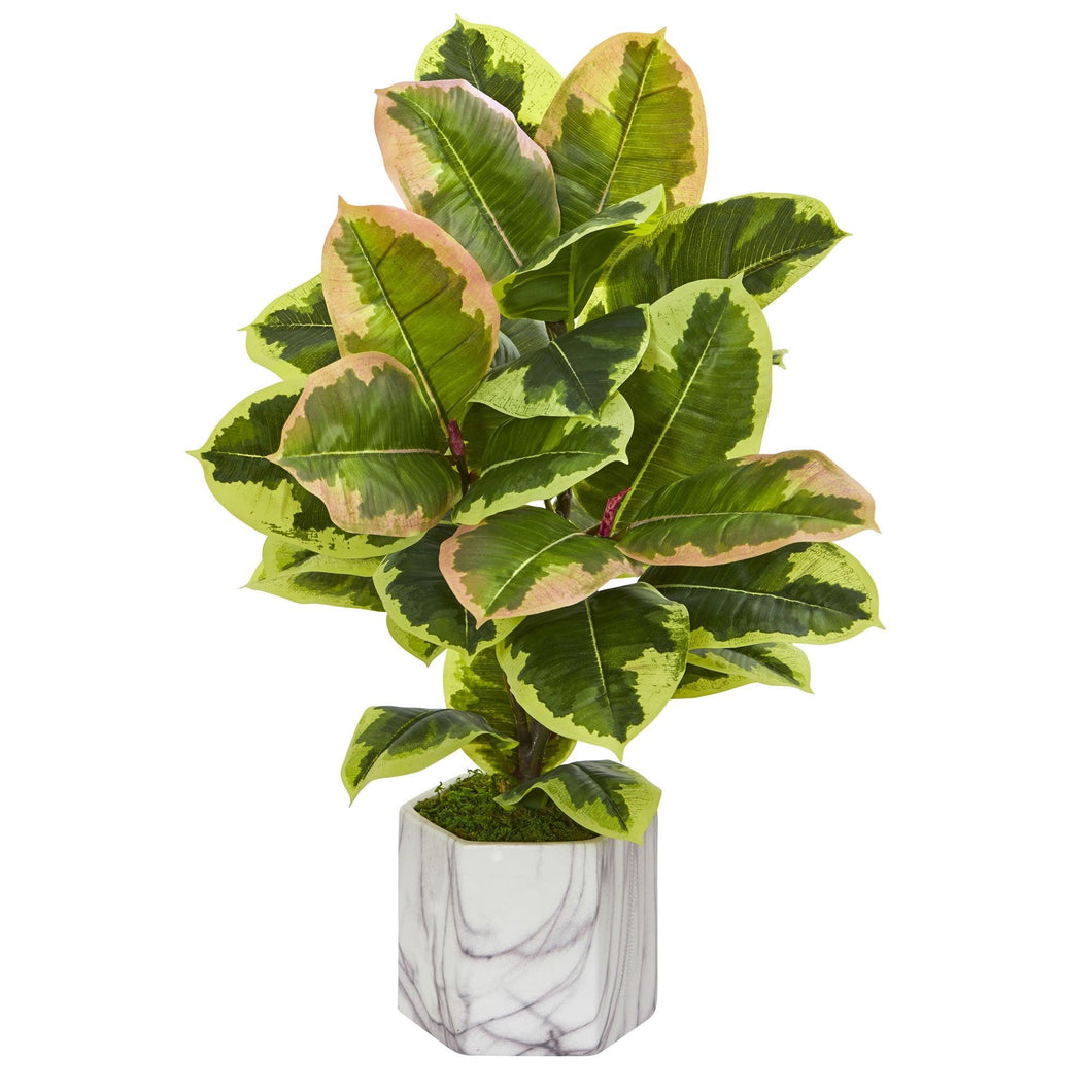 Rubber Leaf Artificial Plant in Marble Finished Vase (Real Touch) - zzhomelifestyle