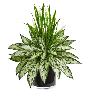 Silver Queen and Grass Artificial Plant in Black Vase - zzhomelifestyle