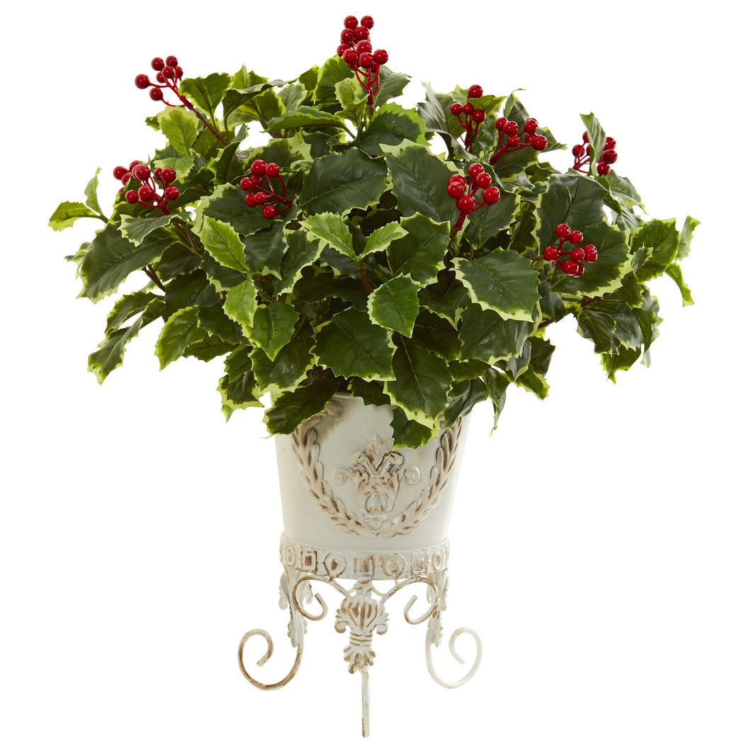 Variegated Holly Artificial Plant in Metal Planter (Real Touch) - zzhomelifestyle