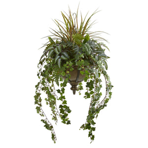 45" Ivy and Mix Greens Artificial Plant in Hanging Metal Bowl - zzhomelifestyle