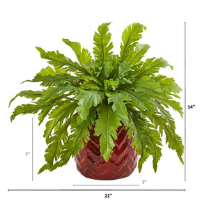 14" Fern Artificial Plant in Red Vase - zzhomelifestyle