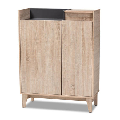 BAXTON STUDIO FELLA MID-CENTURY MODERN TWO-TONE OAK BROWN AND DARK GRAY ENTRYWAY SHOE CABINET WITH LIFT-TOP STORAGE COMPARTMENT - zzhomelifestyle