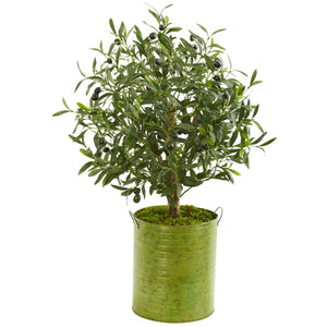 33" Olive Artificial Tree in Green Metal Planter - zzhomelifestyle