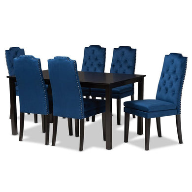 BAXTON STUDIO DYLIN MODERN AND CONTEMPORARY NAVY BLUE VELVET FABRIC UPHOLSTERED AND DARK BROWN FINISHED WOOD 7-PIECE DINING SET - zzhomelifestyle