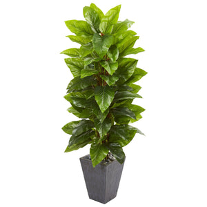 5' Large Leaf Philodendron Artificial Plant in Slate Planter (Real Touch) - zzhomelifestyle