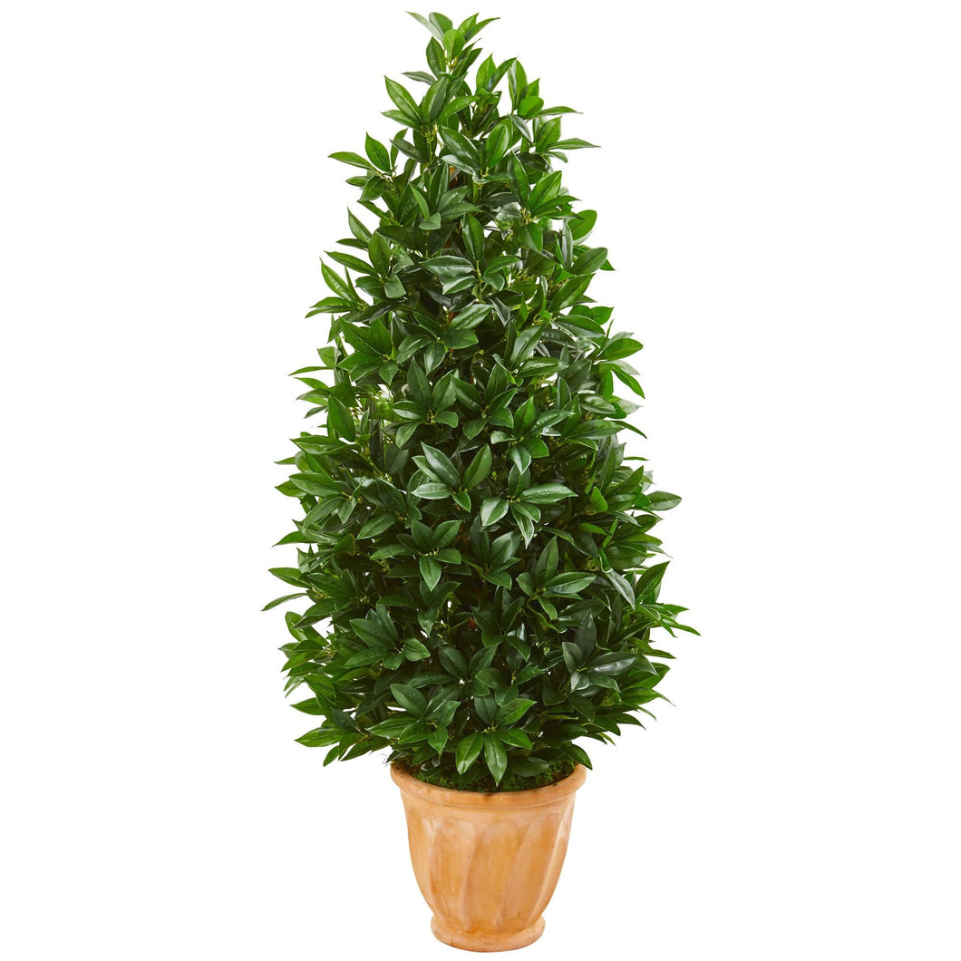 4.5' Bay Leaf Cone Topiary Artificial Tree in Terra Cotta Planter UV Resistant (Indoor/Outdoor) - zzhomelifestyle