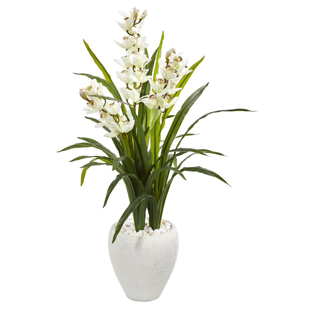 4' Cymbidium Orchid Artificial Plant in White Planter - zzhomelifestyle