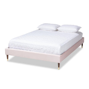 BAXTON STUDIO VOLDEN GLAM AND LUXE LIGHT PINK VELVET FABRIC UPHOLSTERED KING SIZE WOOD PLATFORM BED FRAME WITH GOLD-TONE LEG TIPS - zzhomelifestyle