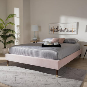 BAXTON STUDIO VOLDEN GLAM AND LUXE LIGHT PINK VELVET FABRIC UPHOLSTERED KING SIZE WOOD PLATFORM BED FRAME WITH GOLD-TONE LEG TIPS - zzhomelifestyle