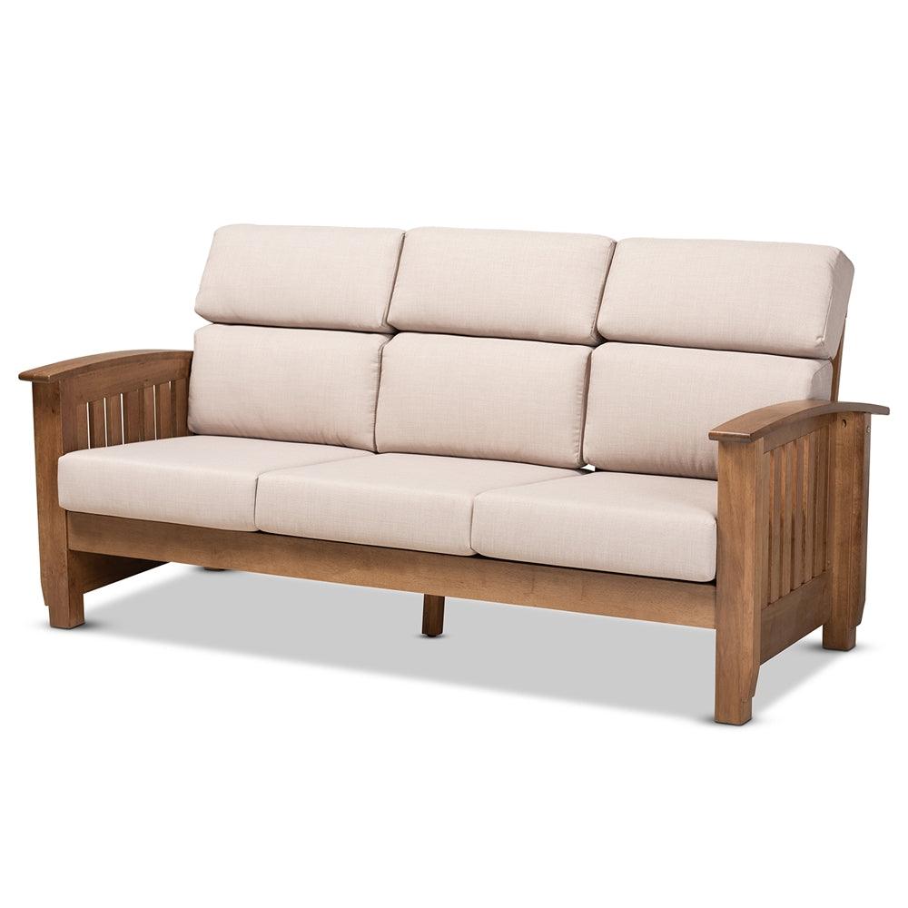BAXTON STUDIO CHARLOTTE MODERN CLASSIC MISSION STYLE TAUPE FABRIC UPHOLSTERED WALNUT BROWN FINISHED WOOD 3-SEATER SOFA - zzhomelifestyle