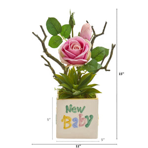 15" Rose and Agave Artificial Arrangement in "New Baby" Vase - zzhomelifestyle