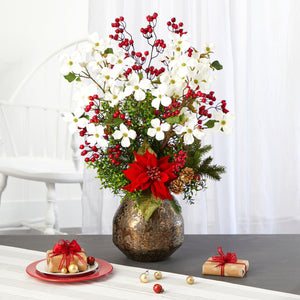 31" Poinsettia, Dogwood and Berry Artificial Arrangement in Designer Vase - zzhomelifestyle