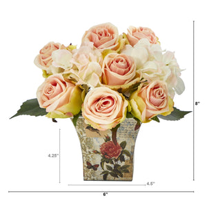 8" Rose and Hydrangea Bouquet Artificial Arrangement in Floral Vase - zzhomelifestyle