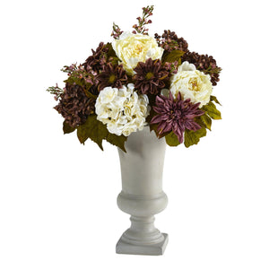 27" Peony, Hydrangea and Dahlia Artificial Arrangement in Sand Colored Urn - zzhomelifestyle