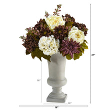 Load image into Gallery viewer, 27&quot; Peony, Hydrangea and Dahlia Artificial Arrangement in Sand Colored Urn - zzhomelifestyle