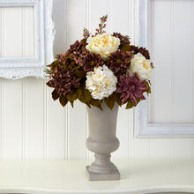 Load image into Gallery viewer, 27&quot; Peony, Hydrangea and Dahlia Artificial Arrangement in Sand Colored Urn - zzhomelifestyle