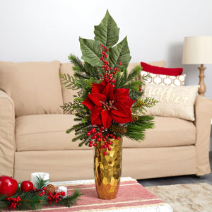 32" Poinsettia, Berries, Pine and Pinecone Artificial Arrangement in Gold Vase - zzhomelifestyle