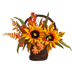 16" Fall Sunflower Artificial Autumn Arrangement in Decorative Basket - zzhomelifestyle