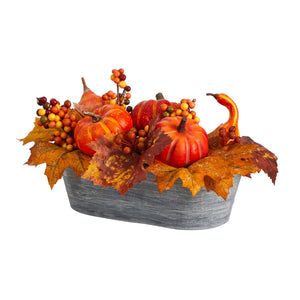 12" Fall Pumpkin and Berries Autumn Harvest Artificial Arrangement in Washed Vase - zzhomelifestyle