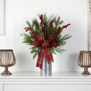 28" Holiday Winter Greenery, Berries and Plaid Bow Artificial Christmas Arrangement Home Décor - zzhomelifestyle