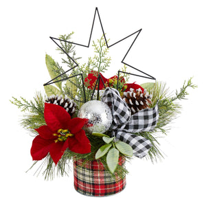 17" Holiday Winter Poinsettia, Greenery and Pinecones with North Star Plaid Table Arrangement - zzhomelifestyle