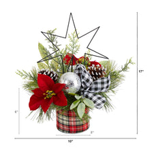 Load image into Gallery viewer, 17&quot; Holiday Winter Poinsettia, Greenery and Pinecones with North Star Plaid Table Arrangement - zzhomelifestyle