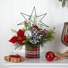 Load image into Gallery viewer, 17&quot; Holiday Winter Poinsettia, Greenery and Pinecones with North Star Plaid Table Arrangement - zzhomelifestyle