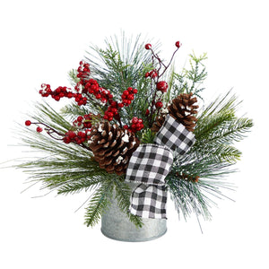 12" Frosted Pinecones and Berries Artificial Arrangement in Vase with Decorative Plaid Bow - zzhomelifestyle
