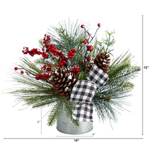 Load image into Gallery viewer, 12&quot; Frosted Pinecones and Berries Artificial Arrangement in Vase with Decorative Plaid Bow - zzhomelifestyle