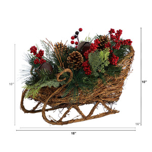 18" Christmas Sleigh with Pine, Pinecones and Berries Artificial Christmas Arrangement - zzhomelifestyle