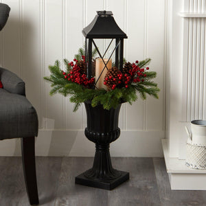 33" Holiday Greenery, Berries and Pinecones in Decorative Urn with Large Lantern - zzhomelifestyle