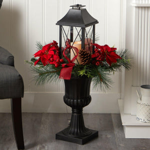 33" Holiday Berries and Poinsettia with Large Lantern and Included LED Candle - zzhomelifestyle
