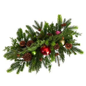24" Cedar Pine, Pinecones and Ornaments Artificial Christmas Arrangement in Tin Vase - zzhomelifestyle
