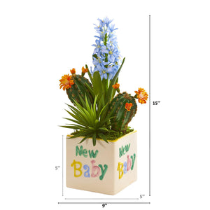 15" Hyacinth and Succulent Artificial Plant in "New Baby" Planter - zzhomelifestyle