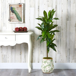 4' Dracaena Artificial Plant in Flower Print Planter (Real Touch) - zzhomelifestyle