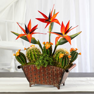 21" Bird of Paradise and Cactus Artificial Plant in Metal Planter - zzhomelifestyle