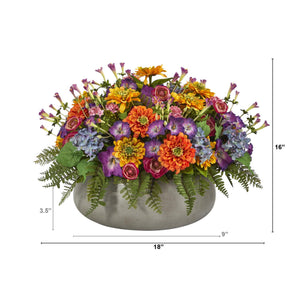 18" Mixed Floral Artificial Plant in Gray Garden Planter - zzhomelifestyle