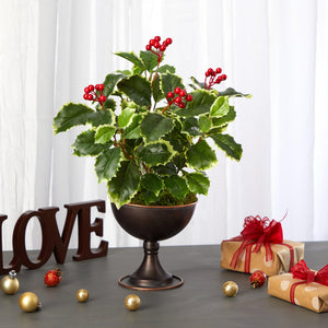15" Variegated Holly Artificial Plant in Metal Chalice (Real Touch) - zzhomelifestyle