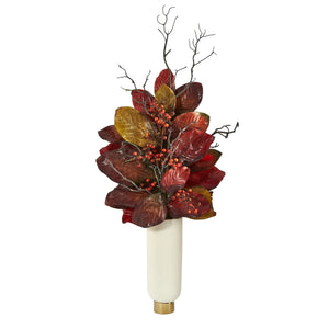38" Autumn Magnolia Leaf with Berries Artificial Plant in Cream Planter with Gold Base - zzhomelifestyle