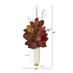 38" Autumn Magnolia Leaf with Berries Artificial Plant in Cream Planter with Gold Base - zzhomelifestyle