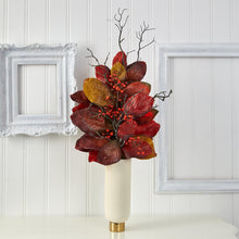 Load image into Gallery viewer, 38&quot; Autumn Magnolia Leaf with Berries Artificial Plant in Cream Planter with Gold Base - zzhomelifestyle