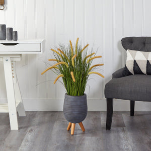 3' Onion Grass Artificial Plant in Gray Planter with Stand - zzhomelifestyle