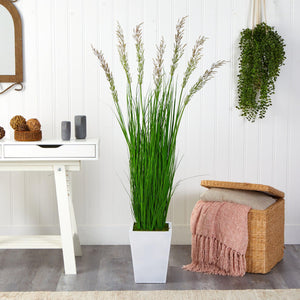 64" Wheat Grass Artificial Plant in White Metal Planter - zzhomelifestyle