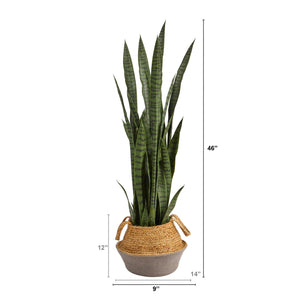 46" Sansevieria Artificial Plant in Boho Chic Handmade Cotton & Jute Gray Woven Planter - zzhomelifestyle