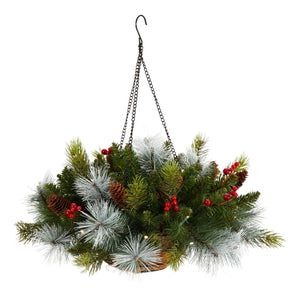 24" Holiday Pre-Lit (30 LED Lights) Pine and Berries Hanging Basket - zzhomelifestyle