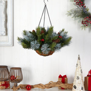 24" Holiday Pre-Lit (30 LED Lights) Pine and Berries Hanging Basket - zzhomelifestyle