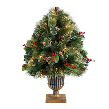 Load image into Gallery viewer, 3&#39; Holiday Pre-Lit Snow Tip Greenery, Berries and Pinecones Plant in Urn with 100 LED Lights - zzhomelifestyle