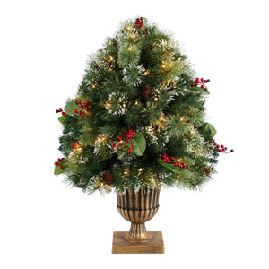 3' Holiday Pre-Lit Snow Tip Greenery, Berries and Pinecones Plant in Urn with 100 LED Lights - zzhomelifestyle