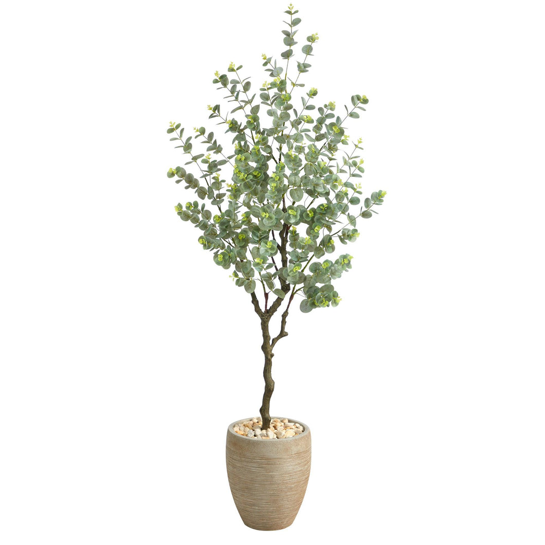 5' Eucalyptus Artificial Tree in Sandstone Planter - zzhomelifestyle