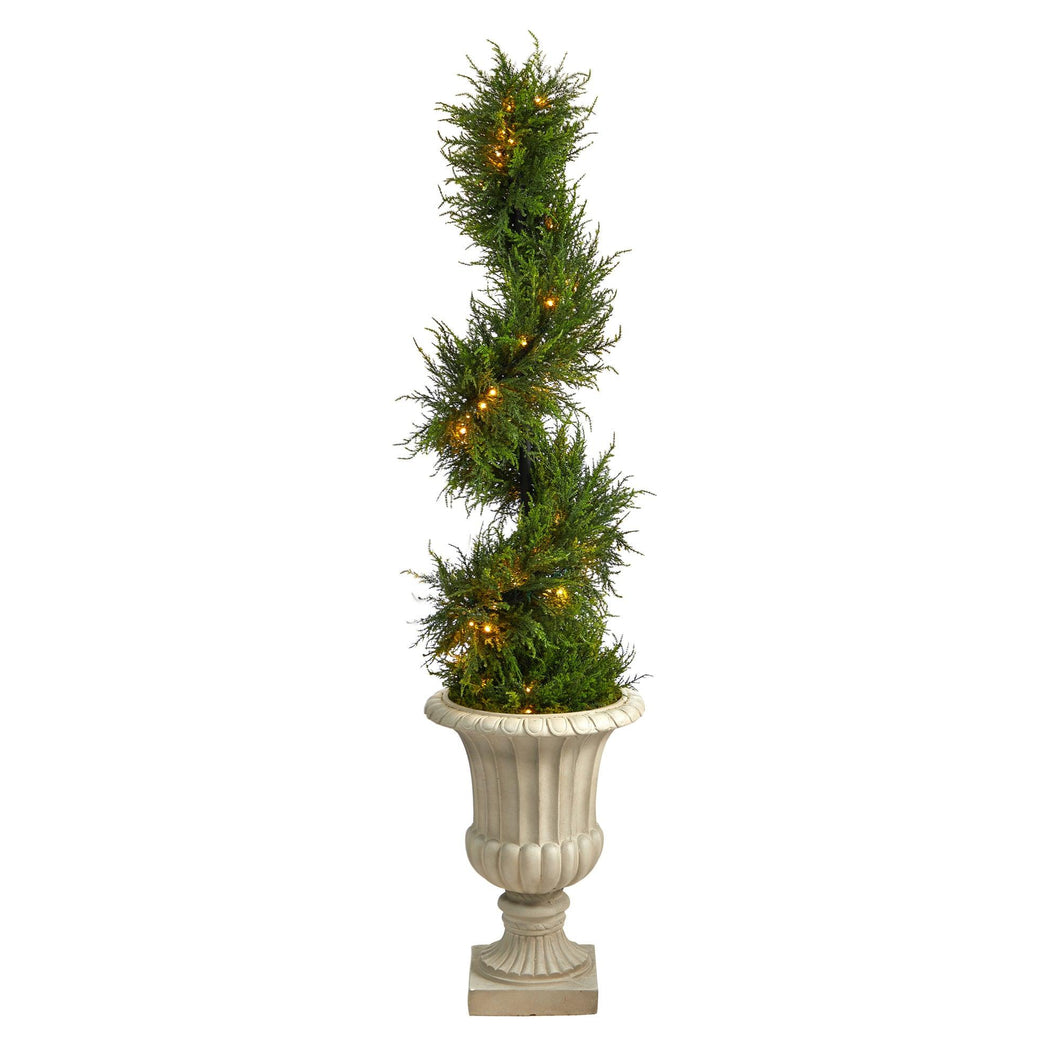 5' Spiral Cypress Artificial Tree in Sand Finished Urn with 80 Clear LED Lights UV Resistant (Indoor/Outdoor) - zzhomelifestyle